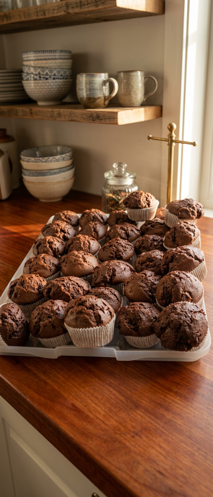 Flo’s chocolate muffins in a bulk tray on the counter