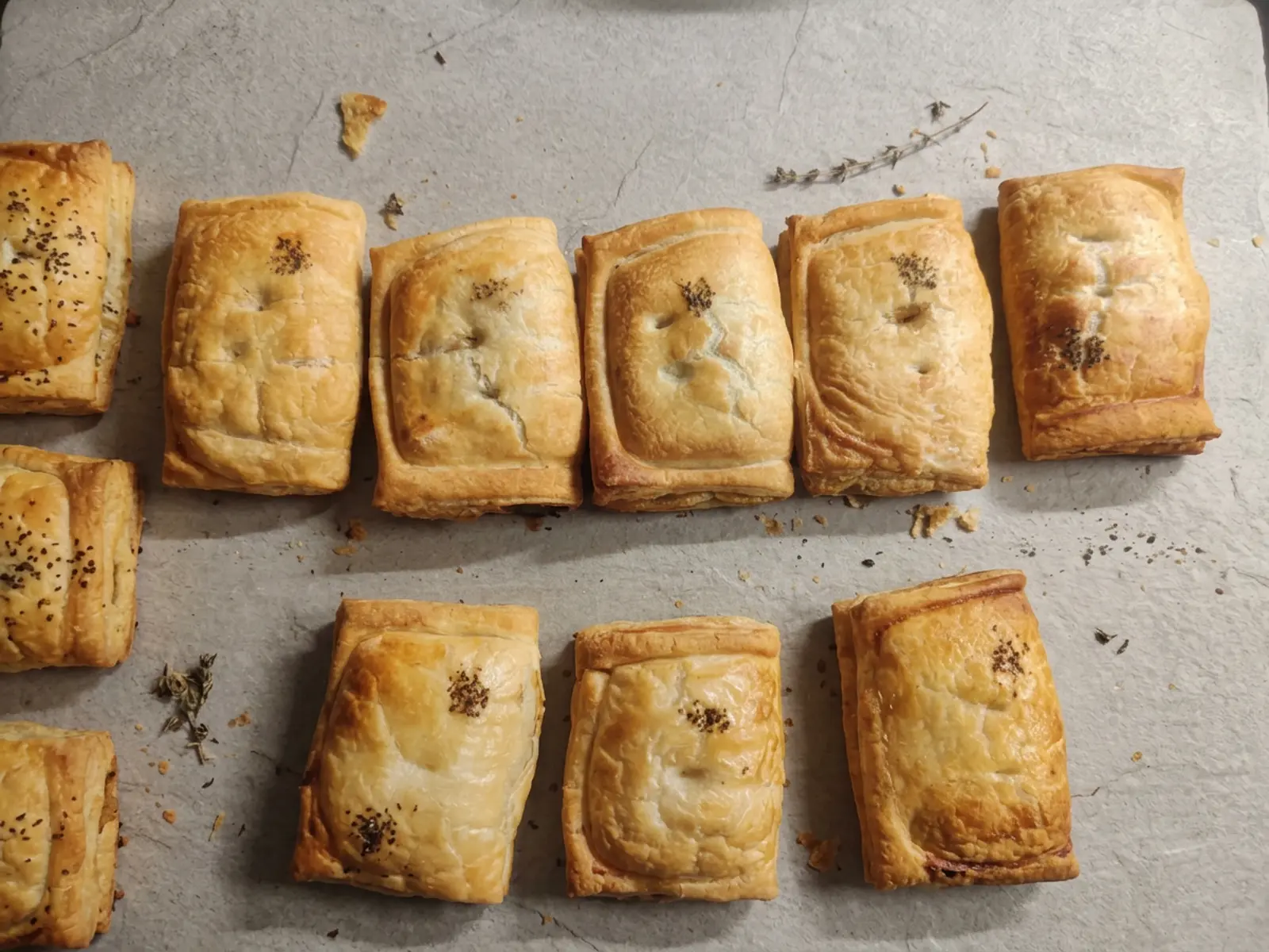 Flo’s flaky rectangular pies on commercial baking trays